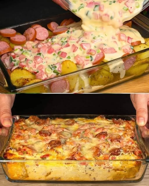 Batata Gratinada com Linguiça e Molho